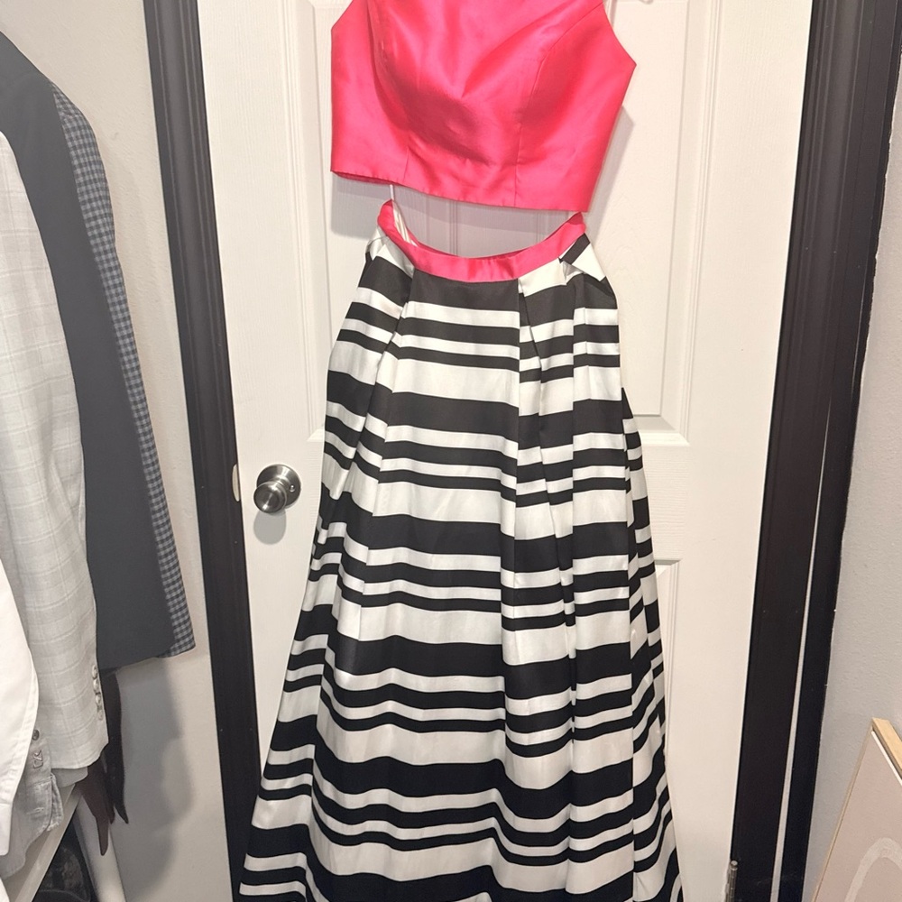 MC Duggal formal Pink and Black Striped Two-Piece Dress